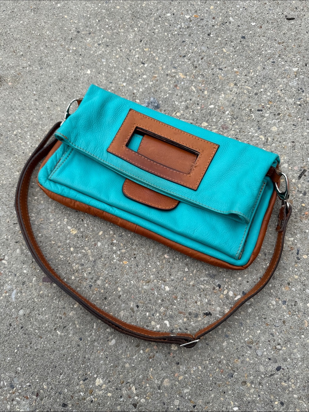 Turquoise Leather Crossbody Leather Bag with Brown Trim - Made In Italy